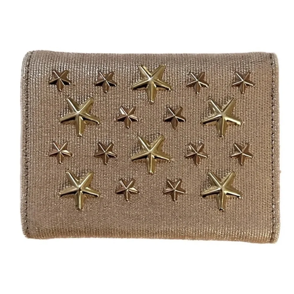 JIMMY CHOO NEMO STAR STUD METALLIC DENIM TRIFOLD WALLET RARE